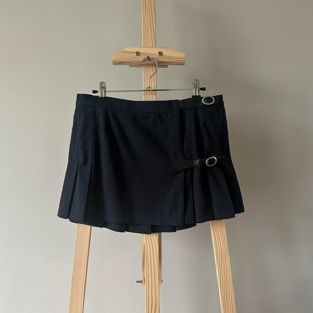 Navy Pleated Mini Skirt with Buckle Detail